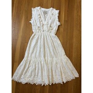 Bell By Alicia Bell White Eyelet Lace Ruffle Midi Dress Heart Feather Tassels XL